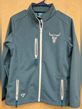 Pretty Turquoise Cowgirl Jacket With Cowheads On Front And Back With Rhinestones